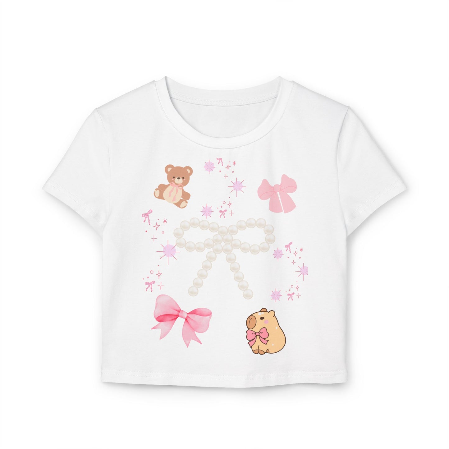 Cute Bear & Bow Women Baby Tee - Playful Graphic Top for Casual Outfits