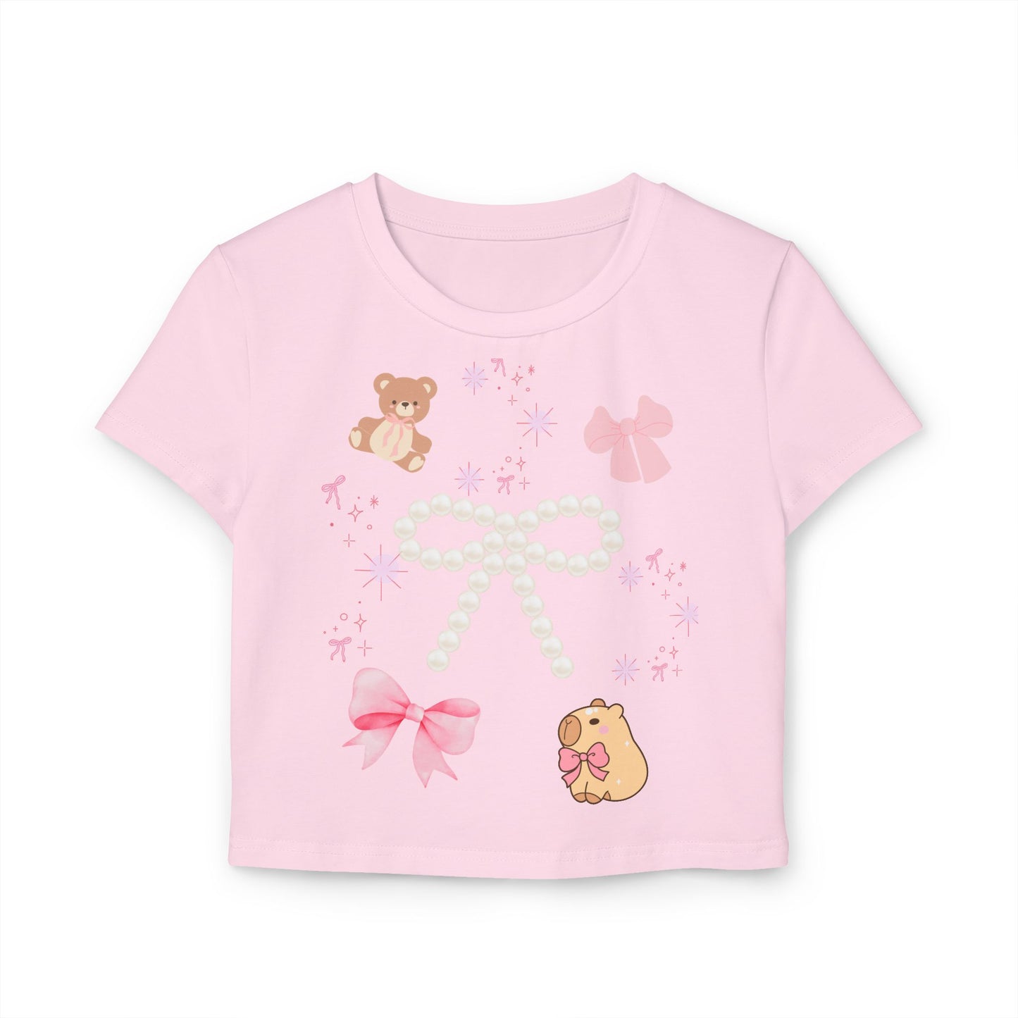 Cute Bear & Bow Women Baby Tee - Playful Graphic Top for Casual Outfits