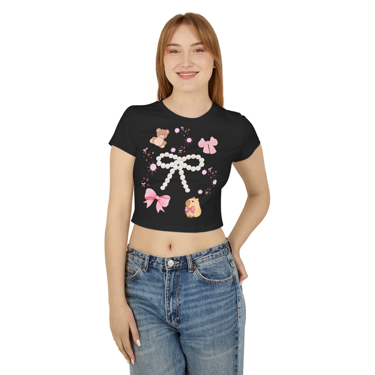 Cute Bear & Bow Women Baby Tee - Playful Graphic Top for Casual Outfits