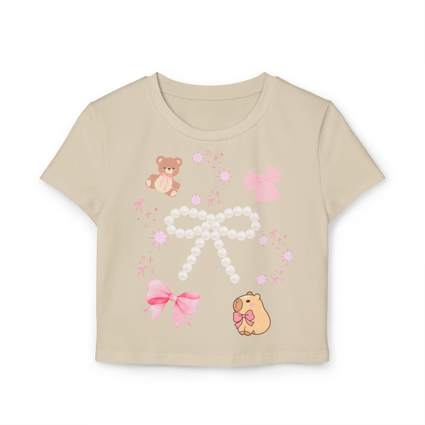 Cute Bear & Bow Women Baby Tee - Playful Graphic Top for Casual Outfits