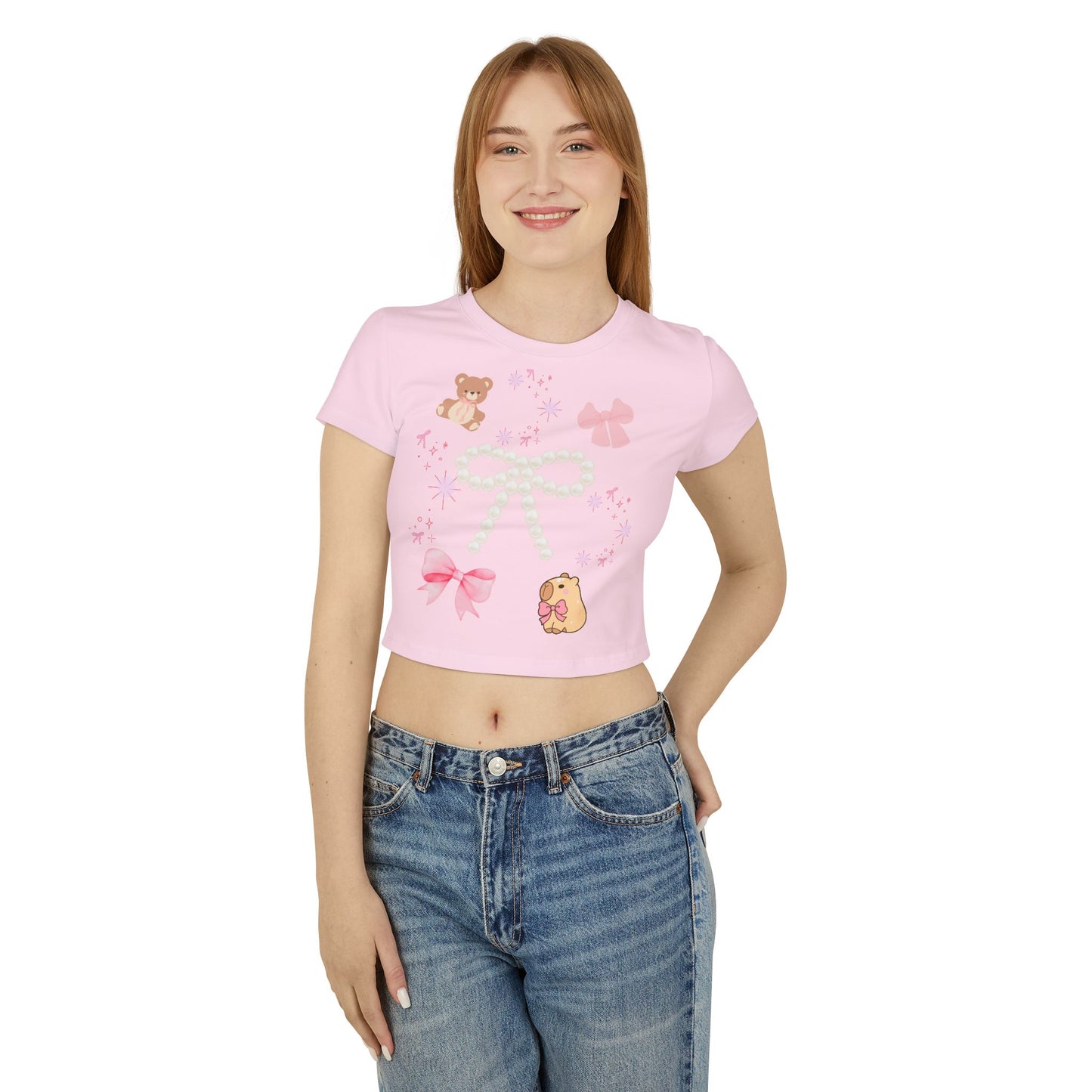 Cute Bear & Bow Women Baby Tee - Playful Graphic Top for Casual Outfits