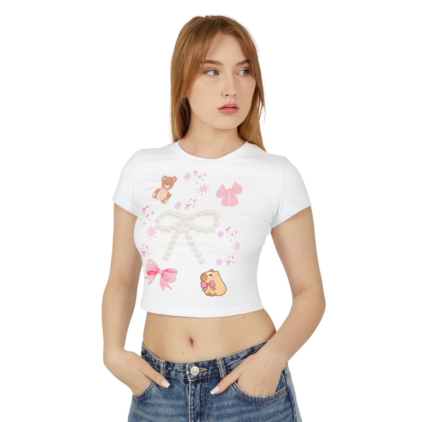 Cute Bear & Bow Women Baby Tee - Playful Graphic Top for Casual Outfits