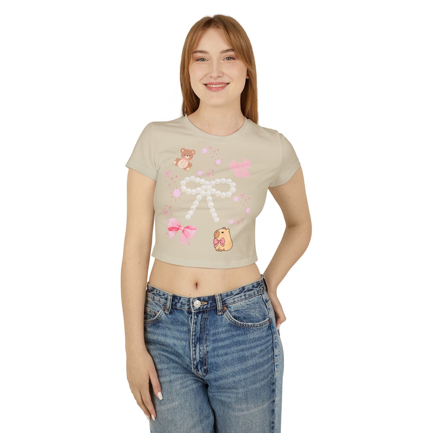 Cute Bear & Bow Women Baby Tee - Playful Graphic Top for Casual Outfits