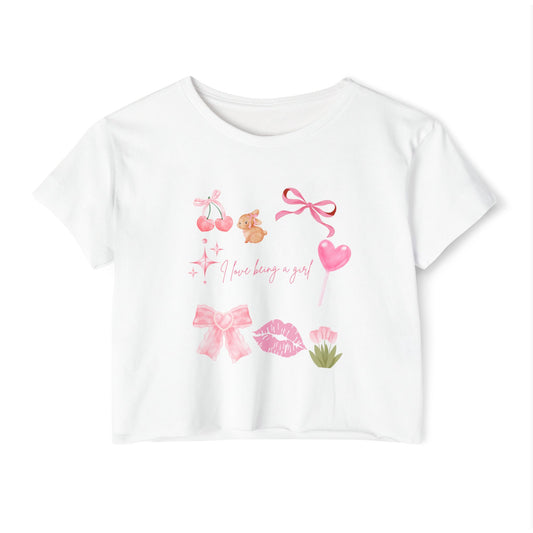 Cute Women's Festival Crop Top - 'I Love Being a Girl' Design
