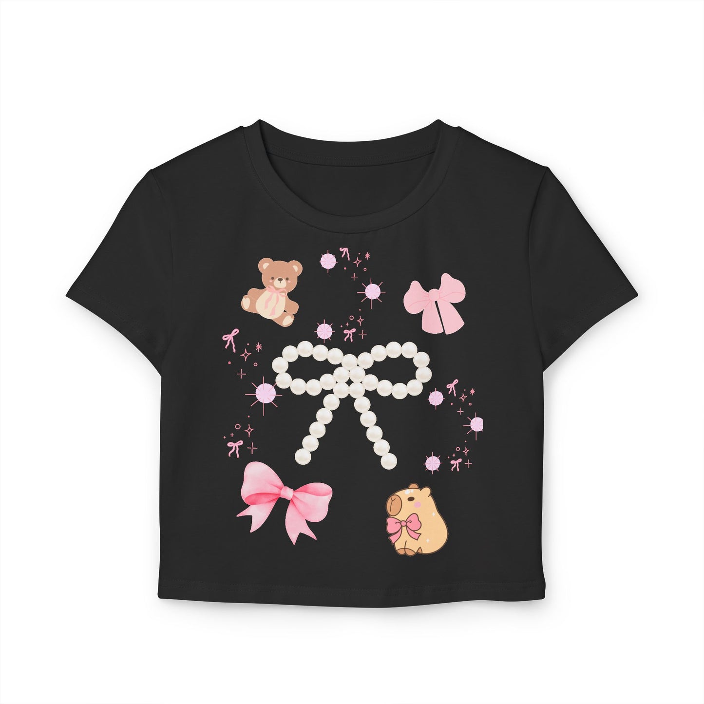 Cute Bear & Bow Women Baby Tee - Playful Graphic Top for Casual Outfits