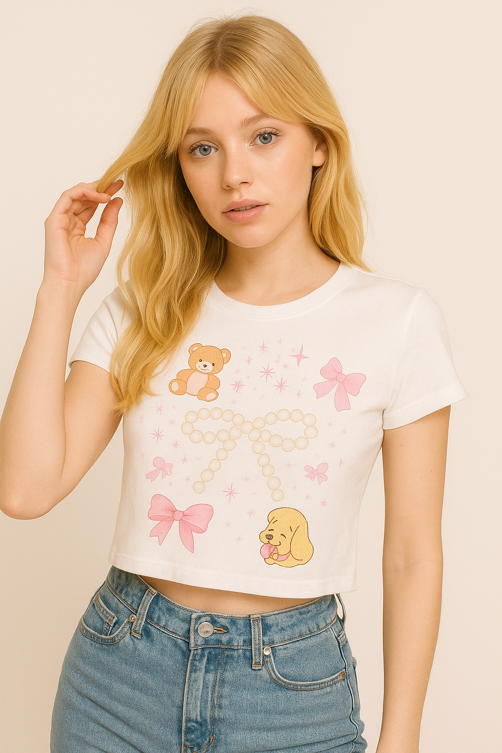 Cute Bear & Bow Women Baby Tee - Playful Graphic Top for Casual Outfits