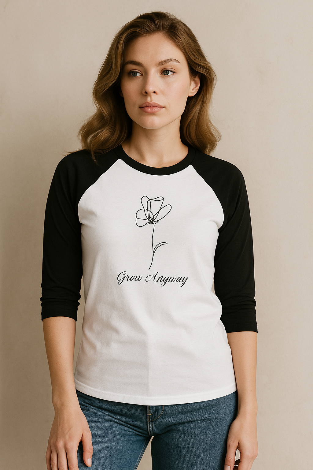 3/4 Sleeve Baseball Tee - "Grow Anyway" Flower Design - Casual & Stylish Top