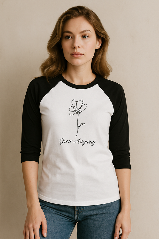 3/4 Sleeve Baseball Tee - "Grow Anyway" Flower Design - Casual & Stylish Top